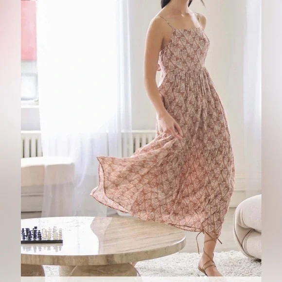 Host Pick New Maxi Dress Printed Adjustable Straps Back Tie Mauve Tiered Lined - Picture 4 of 4